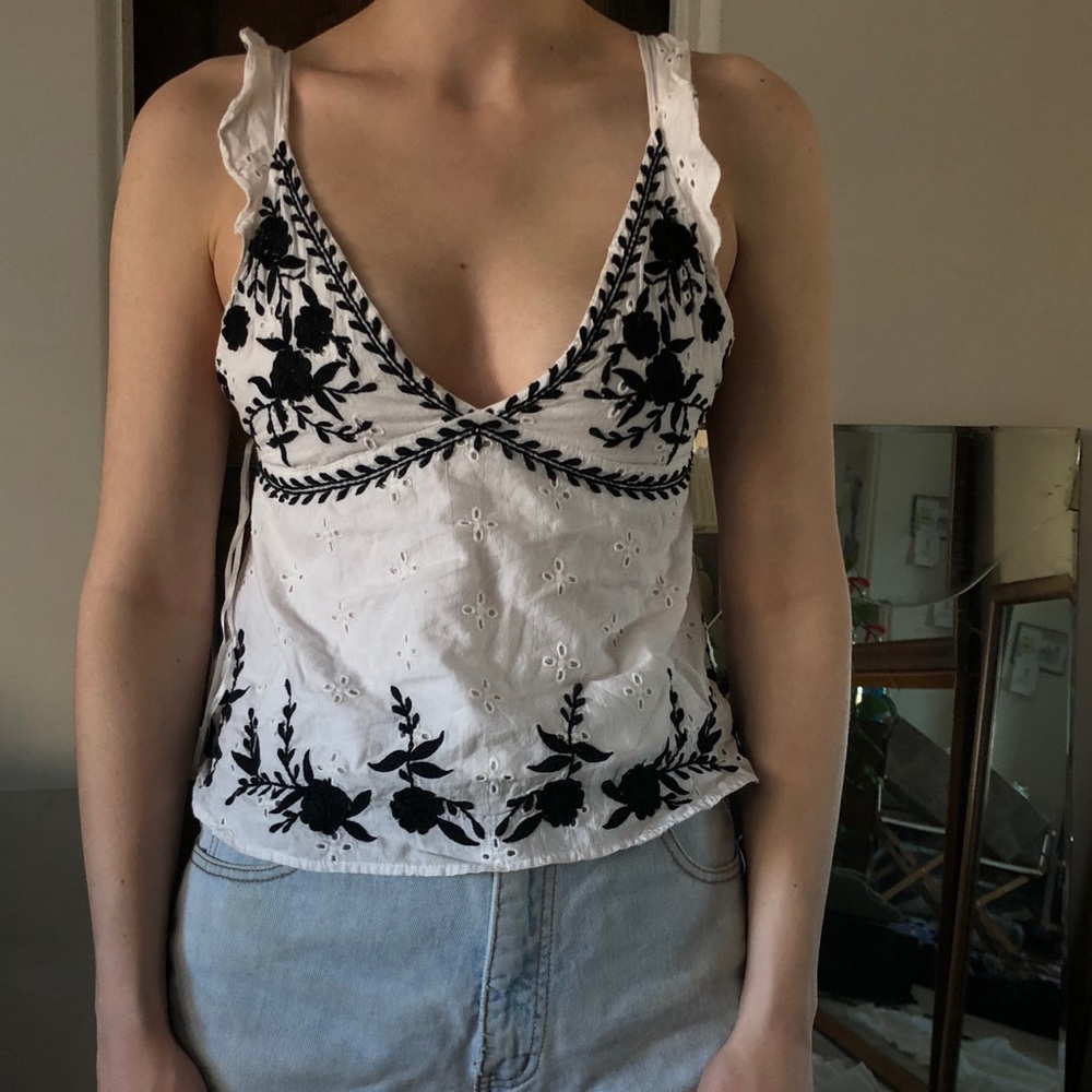 ZARA TRF collection black floral on linen blouse